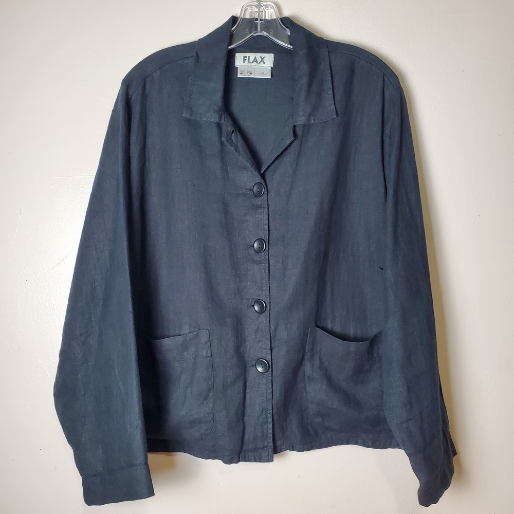 Flax Linen Medium Black Long Sleeve Button Front Shirt Jacket Boxy Lagenlook